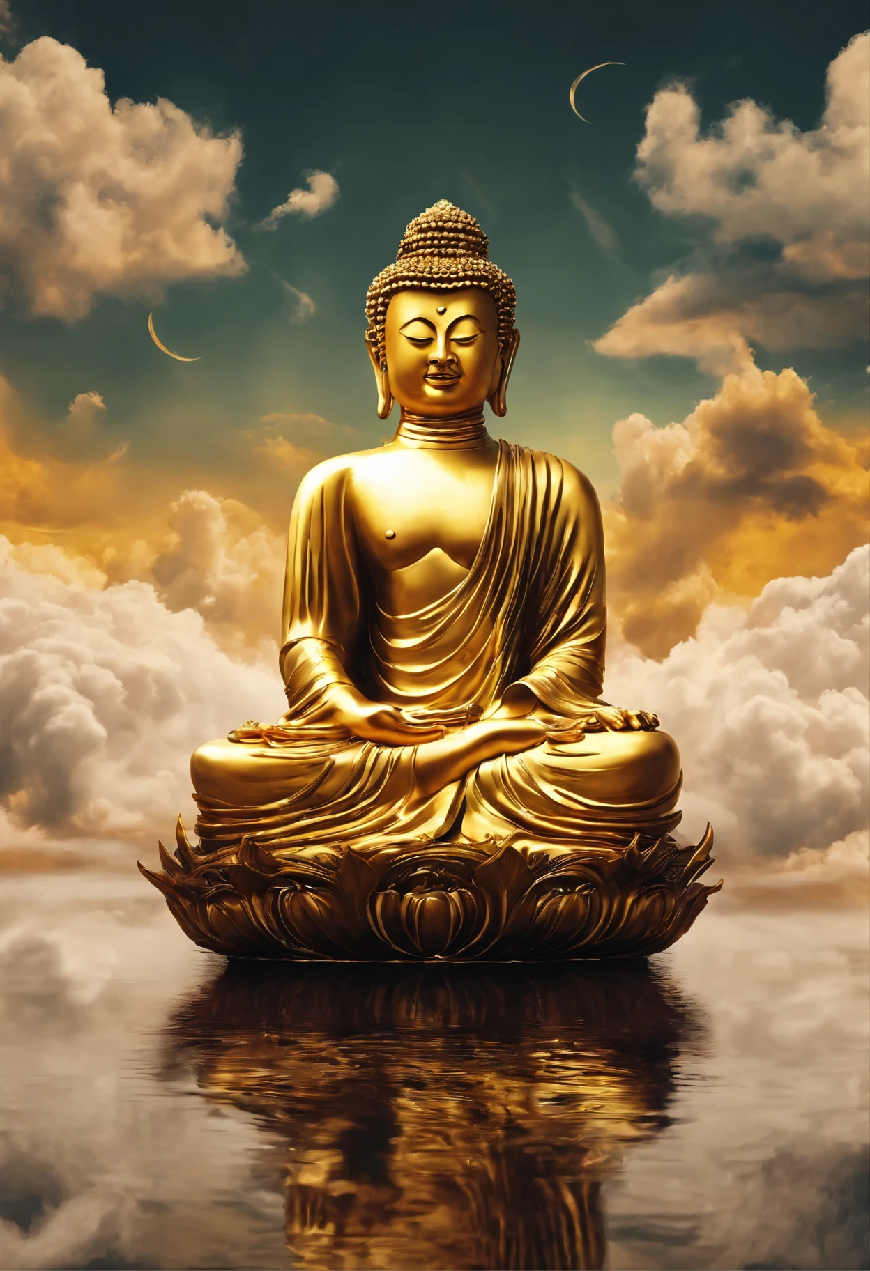 A huge golden Buddha statue rushed into the clouds，Pilgrims on the road，light smile,Chinese style，far away, surrealism, stereogram, tachi-e, atmospheric perspective, hyper photorealism, cinematic lighting, Luz Divina, Super detailed, Accurate, highest quality, masterpiece, 16k, advanced details, High resolution, Award-winning, Super detailed, anatomically correct