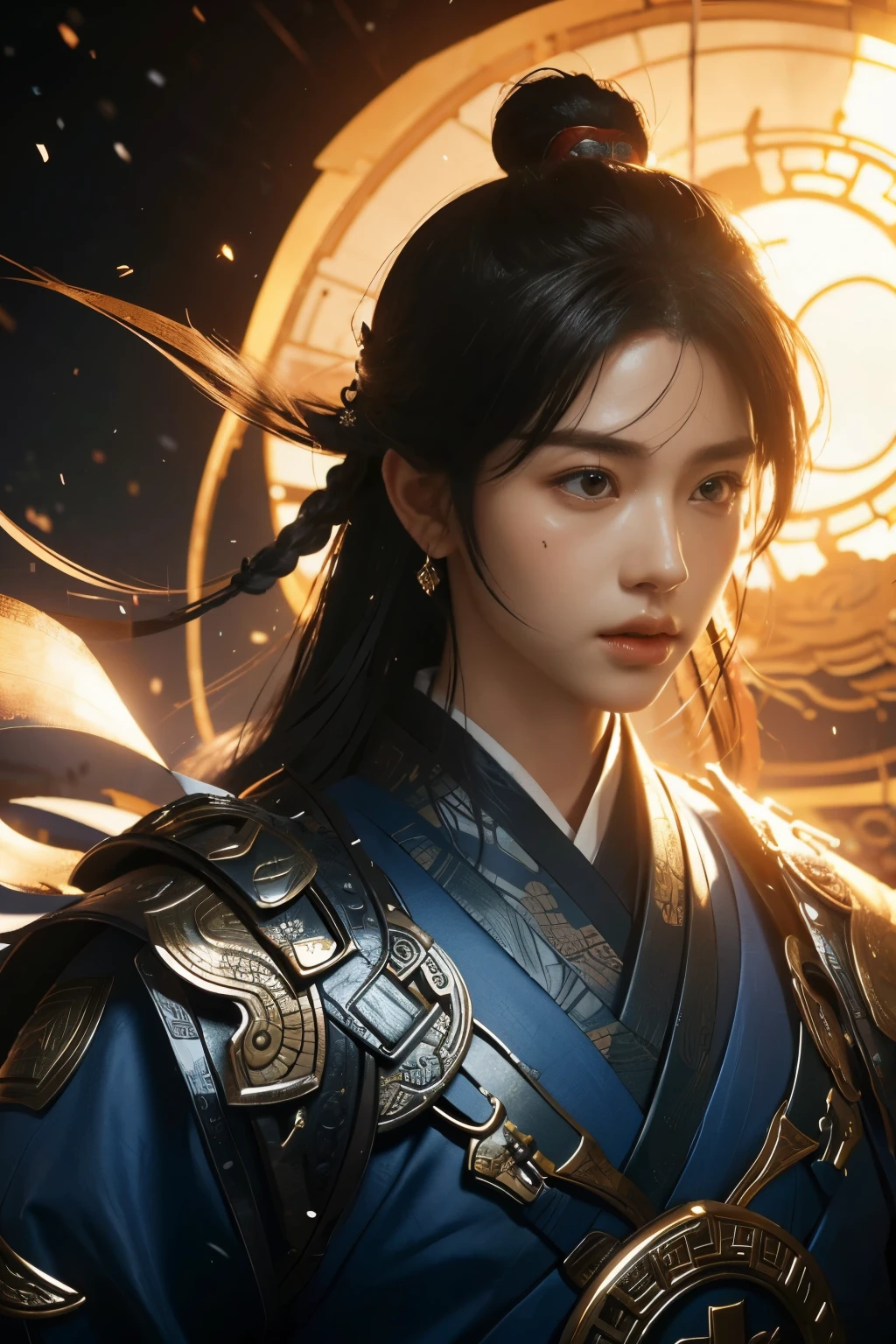 Game art,The best picture quality,Highest resolution,8K,(A bust photograph),(Portrait),(Head close-up),(Rule of thirds),Unreal Engine 5 rendering works, (The Girl of the Future),(Female Warrior),
少女,(The generals of ancient China),An eye rich in detail,(Big breasts),优雅高贵,冷漠,勇敢的,
(Wearing ancient Chinese cloth,Chinese Hanfu,Costumes of the Tang Dynasty,Costumes are rich in detail,Simple shades),中国人物,奇幻风格,
拍照姿势,野外背景,Movie lights,Ray tracing,Game CG,((3D Unreal Engine)),oc渲染反射纹