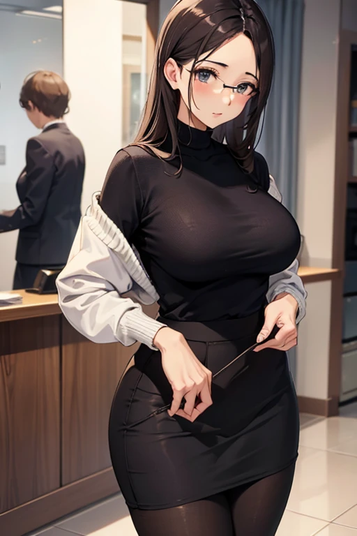 Masterpiece, ultra hd resolution,ultra detailed,Anime girl, turtleneck shirt, skirt,glasses, flirty smile, sexy