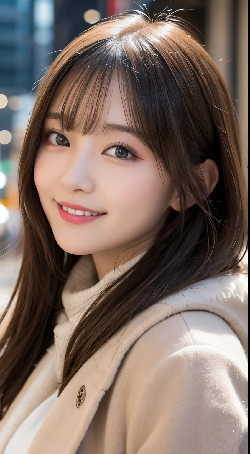 table top, highest quality, shape, Super detailed, finely, High resolution, 8k wallpaper, 完璧なダイナミックな構shape, beautiful and detailed eyes, tokyo trend冬ファッション,tokyo trend＆Introducing cute hairstyles at random, small breasts, natural color lip, random sexy pose,cute smile,big city、20 year old girl、beautiful and detailed face、perfect and beautiful face,Big eyes、Wear fluffy black outerwear with fur、beautiful detailed face、perfect and beautiful double eyelids、blur the background、perfect and beautiful face、Feminine poses、blur the background