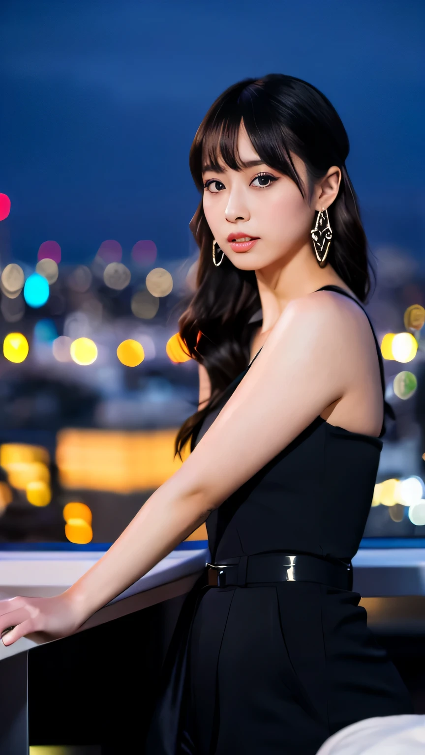(realistic, photo-realistic:1.4), (extremely detailed 8k wallpaper), sharp focus, depth of field, blur background, detailed beautiful eyes and skin, (Image from thighs to head), Canon R5 50mm, ((Japanese idol:1.2)), Chic black jumpsuit with statement earrings, Confident allure, Evening city lights reflected on a river, Rooftop soirée,