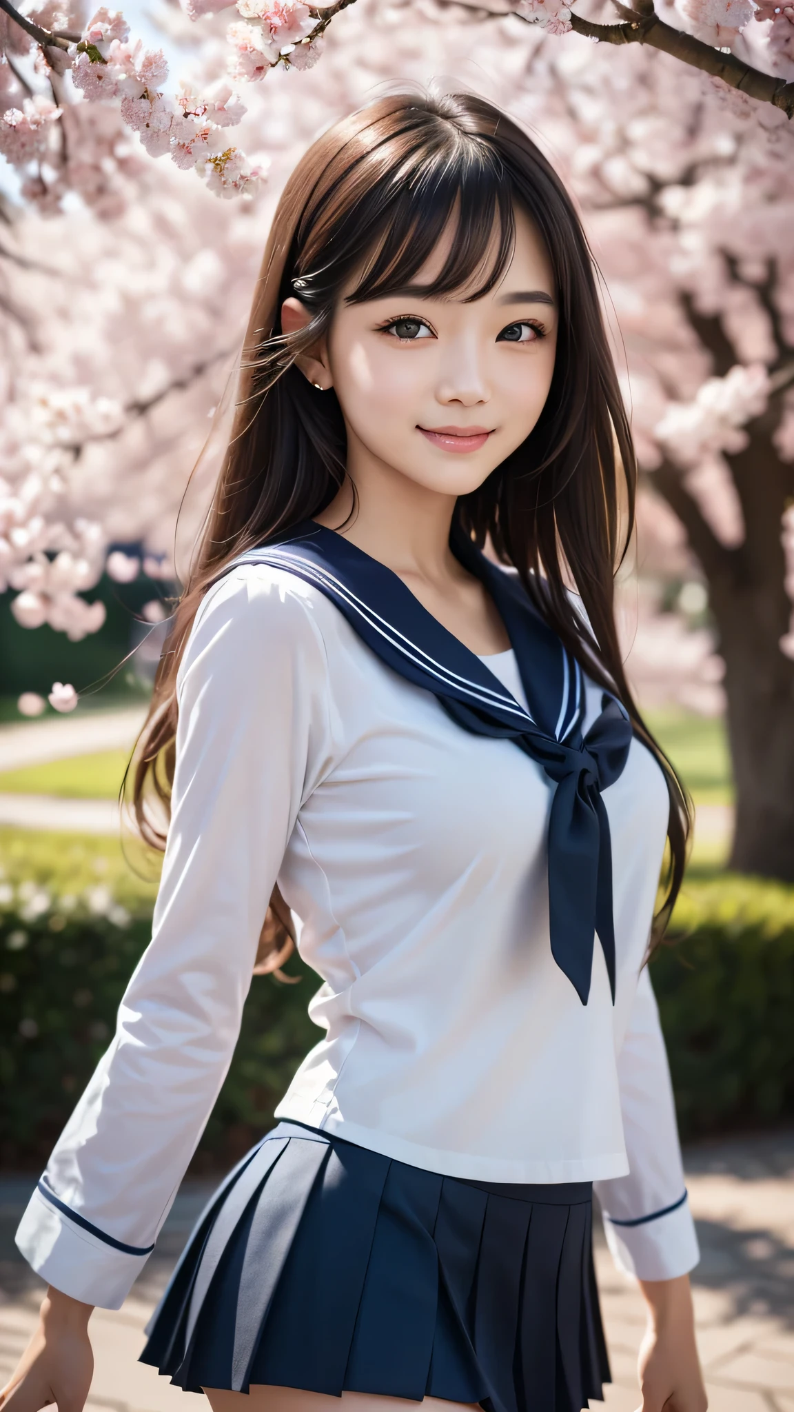 1 girl, (highly detailed eyes, highly detailed face), Search Smile, (sailor suit, pleated mini skirt), chest, (highest quality:1.4), RAW photo, (surreal), (realistic:1.4), professional photography, cinematic light, Cherry tree, spring, sunny, Depth of bounds written,