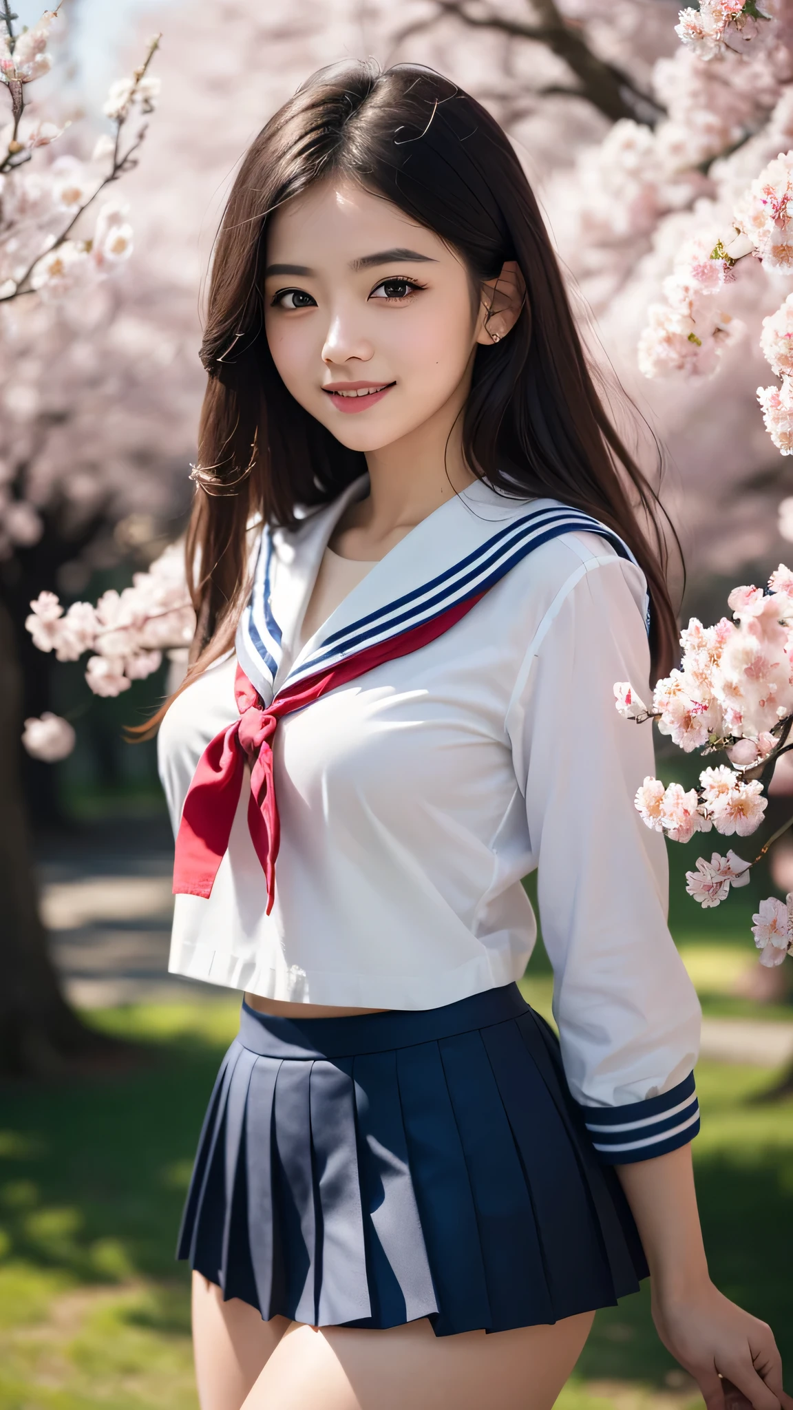 1 girl, (highly detailed eyes, highly detailed face), Search Smile, (sailor suit, pleated mini skirt), chest, (highest quality:1.4), RAW photo, (surreal), (realistic:1.4), professional photography, cinematic light, Cherry tree, spring, sunny, Depth of bounds written,