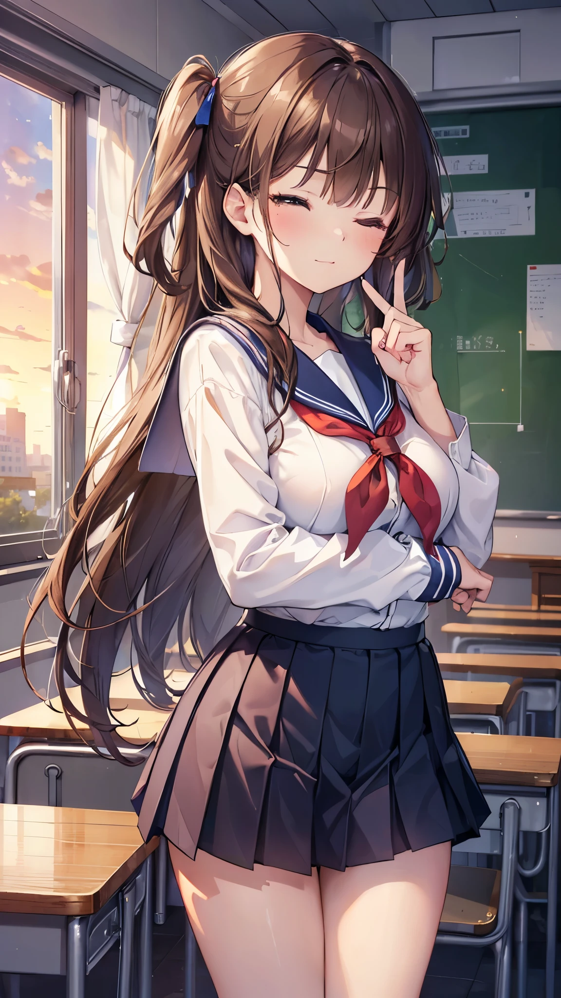 (highest quality、In 8K、32K、masterpiece、nffsw、Super high resolution、Impressionism、Photoreal:1.2)、big breasts、cowboy shot, detailed face and eyes、 inside the classroom、School、sunset、beautiful face、blurred background、 beautiful girl、shiny skin、half up hair、beautiful brown hair、dull bangs、brown eyes、(one eye closed、put your index finger to your mouth:1.2)、sailor suit、pleated mini skirt、curve、(Skirt up、I can see your pants:1.2)、thighs thighs thighs、(Navel exposed:0.4)、dynamic pose