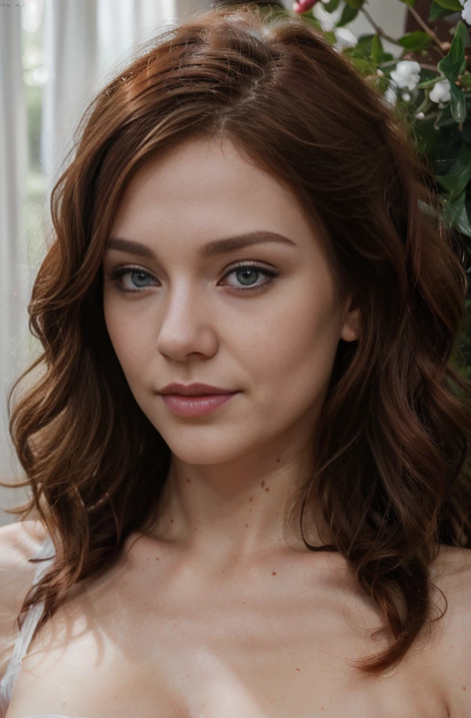 (best quality, ultra-detailed, realistic:1.37), 23 year old Swedish female, dyed red hair, medium length extremely curly layered hairstyle, bright blue eyes, high cheek bones, pale skin tone, shot on a Canon EOS R6 Mark II camera,