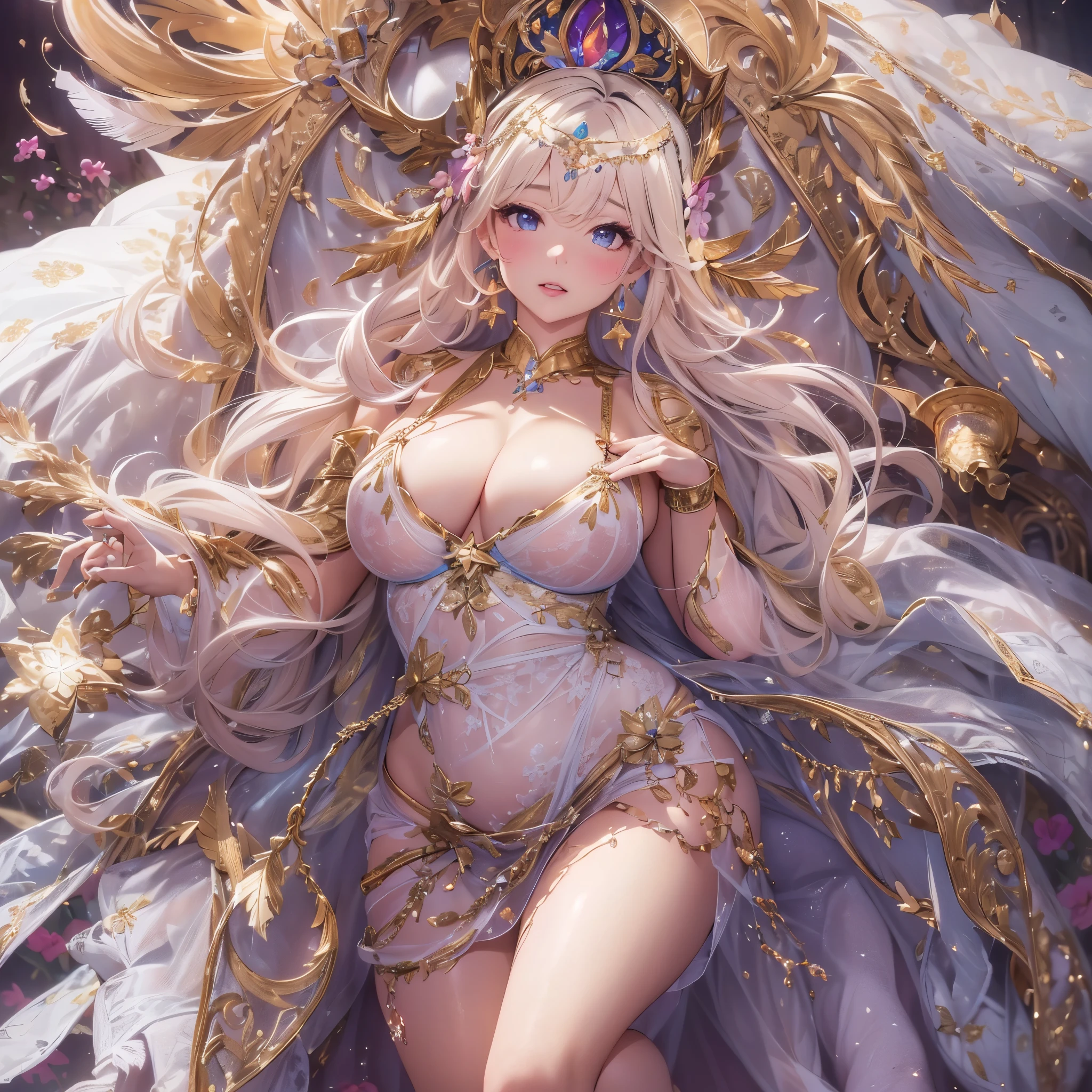 beautiful美しさ, 3D two-dimensional, rich, blonde, skirt, stockings, high heels, poison、star、star、(Highly detailed CG Unity 8K wallpaper),(masterpiece), (最high quality), (Super detailed), (best work),(best shadow), (sharp eyeliner, eye shadow, fine eye:1.1), (超High resolution,realistic,最high quality,realistic),(8K,RAW photo,最high quality,マstarプル),mature woman、sensual curves、huge breasts、thighs、bubble、お尻のmasterpiece, 最high quality, Super detailed, full body shot, mature woman, beautiful mature woman, nightgown and underwear, enchanting smile, thick lips, Chubby lips, blush, looking at the viewer, provocative expression, beautiful髪型, cleavage, Plump、curvy hips、attractive face、sexy lingerie、an inviting gaze、Expression of emotions、Lewd underwear、(((erotic see-through lingerie set)))、Standing position、gorgeous accessories 、big breastsの女性, bare shoulders, golden hair, colored feather, metal ornaments, colored flowers, particle, light, (masterpiece, 最high quality, 最high quality, official art, beautiful and aesthetic:1.2), (1 girl:1.3), very detailed,(fractal art:1.1),(colorful:1.1)、(flowers:1.3),most detailed,(zentangle:1.2), (dynamic pose), (abstract background:1.3), (shiny skin), (lots of colors :1.4), ,(earrings:1.4), (feather:1.4),masterpiece, 最high quality, Super detailed, 30~40 years, full body shot, beautiful 、various hairstyles,gold headband,plump breasts,beautiful butt,greek clothing,Tulle covers the breasts,perfectly proportioned, detailed clothing details,marble,god statue,cinematic lighting, film grain, 8K, masterpiece, Super detailed, high detail, high quality, High resolution,(((NSFW:1.2)))、exposed chest、Openwork decoration,(((see through dress)))、(((解剖学的に正しいbody))) , 最high quality, Super detailed, (((Lewd underwear)))、raise your butt, from below, (((R-18)))、Hakari、thighs, big breasts, Are standing, cowboy shot, blush, (((1 girl))), (masterpiece:1.3), (High resolution), (8K), (very detailed), perfect face, Nice eye and face, (((最high quality))), (Super detailed), detailed face and eye, (alone), High resolution、beautifuleye,(((sexy pose)))、(((整ったbig breasts)))、((beautiful eye))、luxury、(((超High resolution)))、(((detailed description)))、(((ぽっちゃりbody型)))、(((解剖学的構造に一致したbodyの部位)))、beautiful長いまつ毛、バランスのとれたbody型,2 feet、Just the right size for your legs and arms、Fishnet tights、glamorous、(((Clear white and black eye)))、lipstick、Sparkling、(Undistorted face, eye, body)、jewelry、gem、(長くカールしたbeautifulまつ毛)、(((バランス良いbeautiful胸)))、(transparent, Exquisite skin:1.2)、(((完璧なglamorousボディー)))、actress face、Super beautiful、Cute smile、Healing beauty、Flower shower、完璧なeye、realistic depiction、Super sexy、glossy、Glamorous