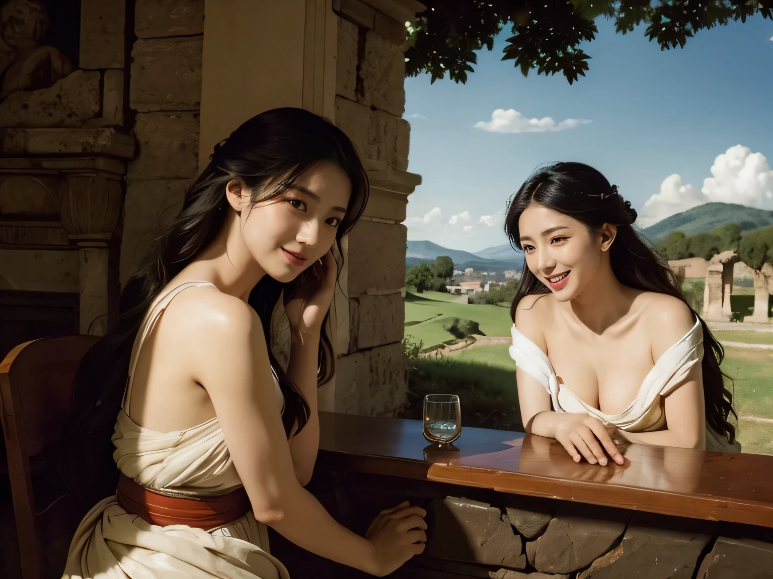 Ancient Roman ruins、Poussin-style landscape、smile、、Sweet and enchanting appearance、Caravaggio's paintings、Caravaggio&#39;s chiaroscuro、hair tousled by the wind、two women having fun、キュートなsmile、expression of ecstasy、sexy、erotic 