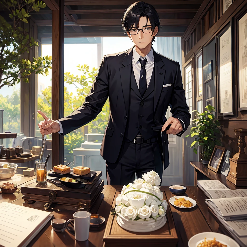highest quality、masterpiece、male、Old gentleman、all back、black hair、Glasses、shirt、Shoulder Belt、tie、suit、紅茶をいれるOld gentleman