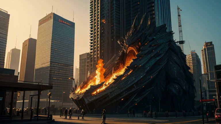 (Huge Monster and sexy sorceress), (in 8K, RAW Photos, top-quality, ​masterpiece:1.2), (realisitic, Photorealsitic:1.37), ultra-detailliert, high resolution, building crumbling, Burning flame, stunningly beautiful face, dynamic ungle, shinjuku