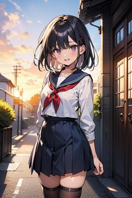 (Highly detailed CG unity 8k), （highest quality），（very detailed），（ultra high resolution）, black hair, High school girl in sailor suit, （navy blue sailor suit）, Anime 2D rendering, realistic young anime high school girl, Smooth anime 2D CG art, （headband）, smile, purple eyes, small breasts, tall, Straight hair, short bob cut, slanted eyes, （school scenery）, black stockings, bright color, High-definition, open your mouth a little, Clear outline,