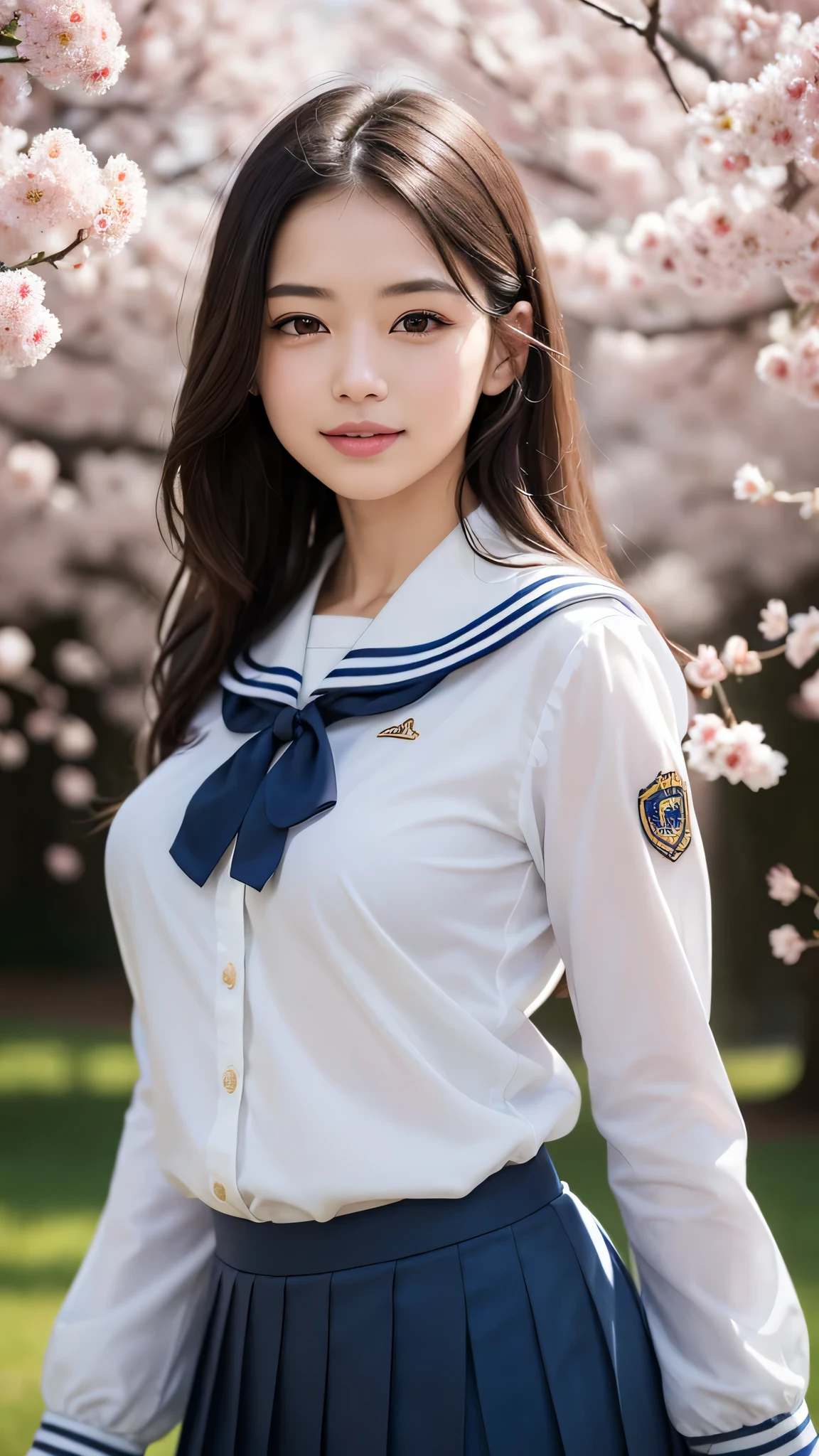 1 girl, (highly detailed eyes, highly detailed face), Search Smile, (sailor suit, pleated mini skirt), chest, (highest quality:1.4), RAW photo, (surreal), (realistic:1.4), professional photography, cinematic light, Cherry tree, spring, sunny, Depth of bounds written,