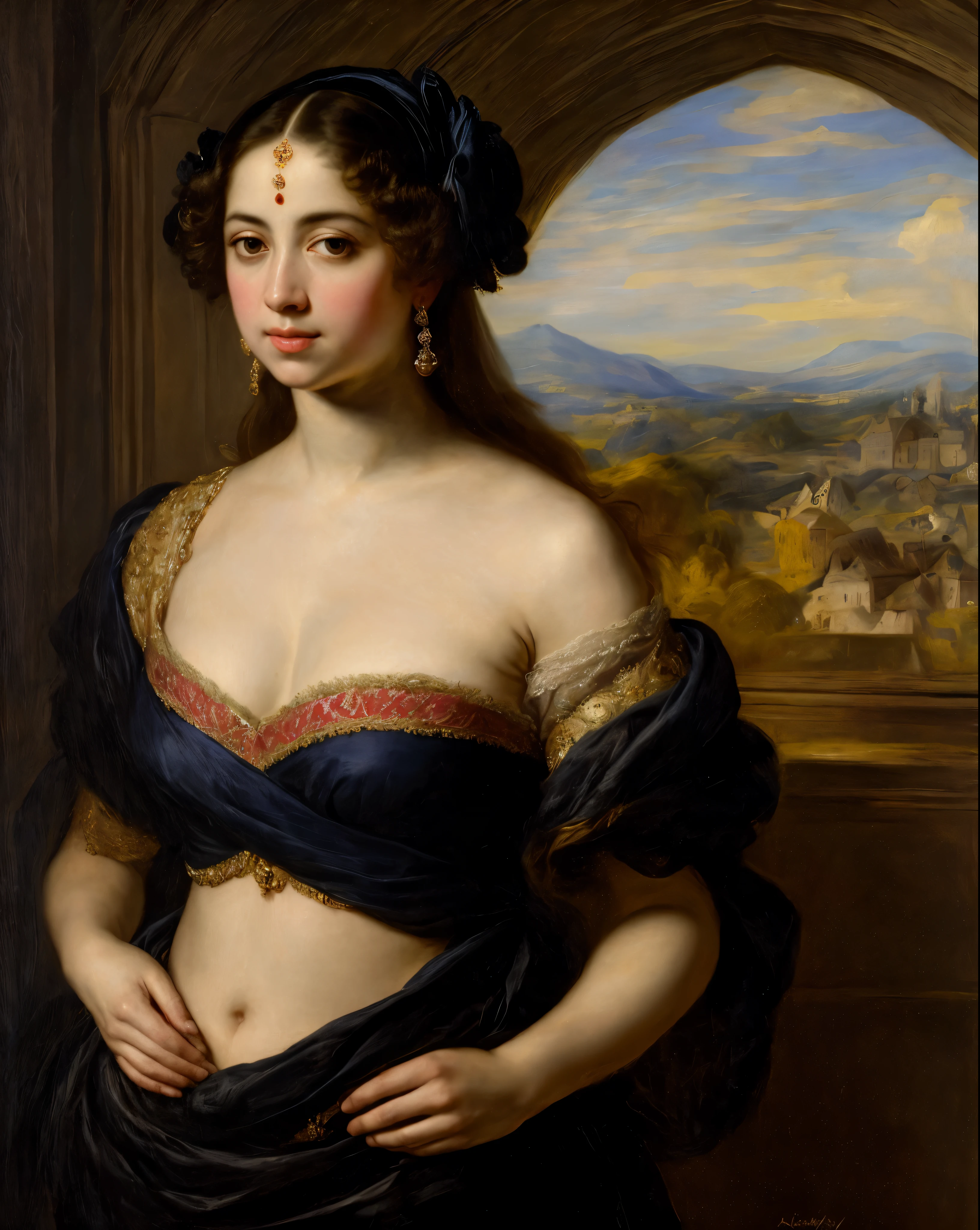Best quality, highly detailed, masterpiece, Indian princess, Rajkanya, royal clothes, Masterpiece, extremely gorgeous woman, matchless Beauty, portrait, Peter Paul Rubens style, Woman, off shoulder bandeau crop blouse, middle ages, classicism, andrey atroshenko style, painting, long hair, styled hair, traditional media, realistic, figurative, fine art, detailed Art, oil on canvas, HDR, 8K, original character, high resolution, high detail, focus on the face, intricate, flawless, fluffy hair, Peter Paul Rubens style, By Peter Paul Rubens, sharp picture, avoid crown or mukut in picture,