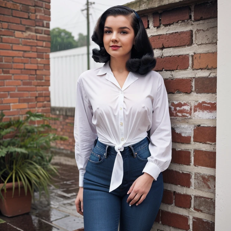 
A woman with a 1940s hairstyle stands in the rain against a brick wall. She wears a loose shirt tied at the waist with high-waisted jeans. There are other people in the background, all wearing vintage clothing. The scene is black and white, and the woman looks directly at the camera.
