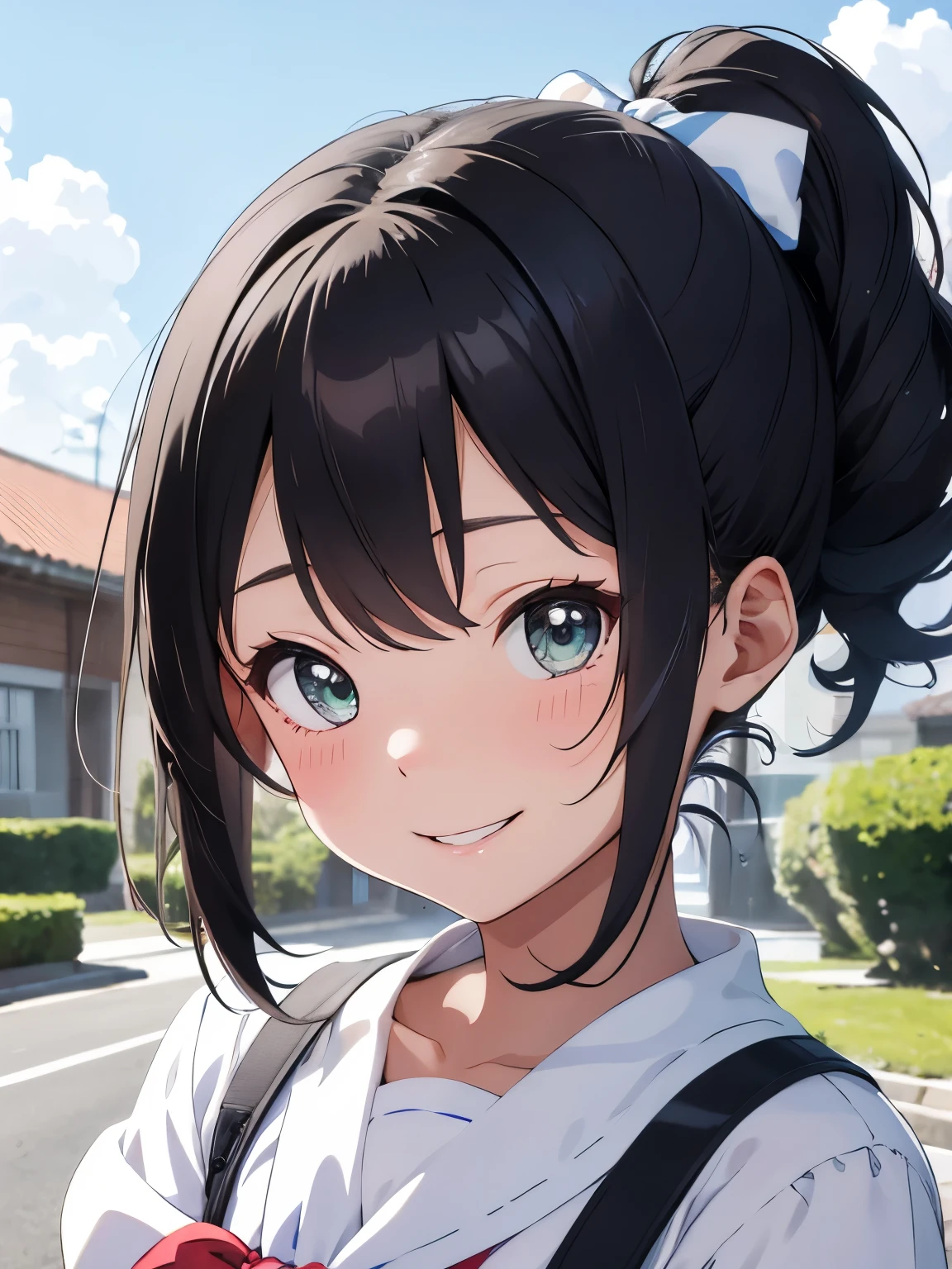 Soft and gentle pattern。anime illustration。Her hair is light blue and has curls.、side ponytail、Big striped ribbon hair clip at the knot。The hair in the ponytail is permed and fluffy.。Girl with green eyes。her face is cute、Confident smile。Appearance of about 12 years old。hands on both cheeks。long sleeve student uniform。Close your eyes tightly and look happy。close up of face。
