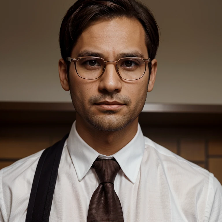 A man of 30 years old, with short brown hair,diamond face, strict look, and brown eyes, wearing white white shirt with necktie and glasses.