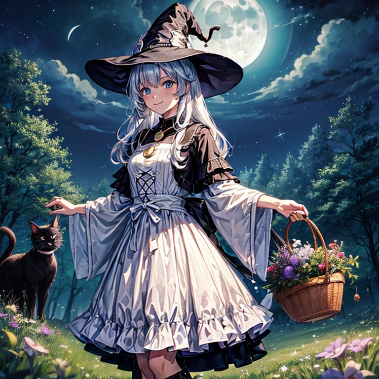 (color々A witch around 25 years old is standing there holding a large basket of medicinal herbs.) and (There is one cat with black fur.) 、Beige dress、黒colorのマント、黒colorの三角帽子、 dark brown long boots、 green eyes、 A sloppy smile 、Bluestone Pendant、(Moonlight night:1.4)、 starry ski、 (mountain forest grassland) 、colorとりどりの花々