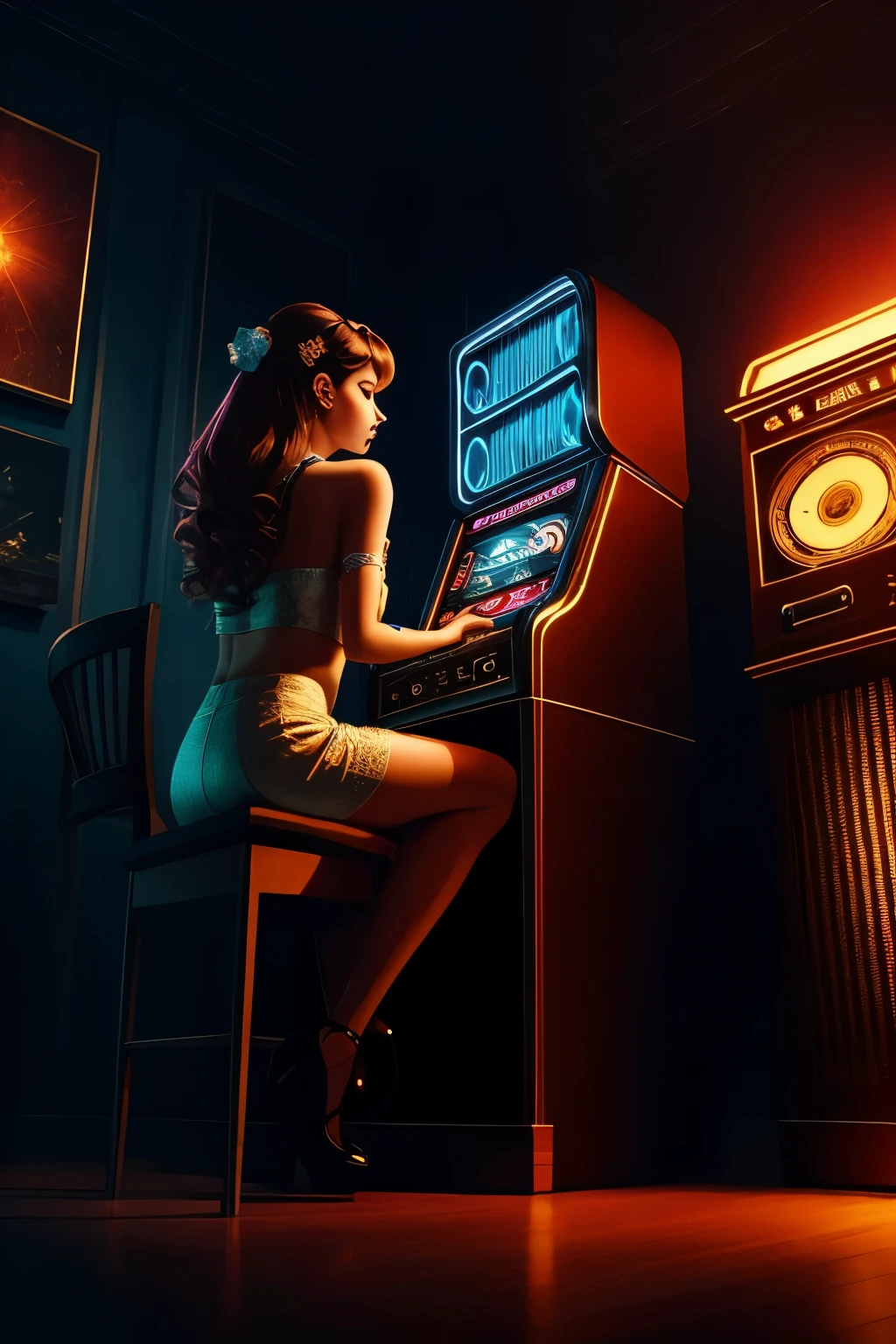 A Dutch shot of a jukebox emanating musical notes and records, with compositions of lights and hearts, immersed in the allure of pin-up art. The shooting inclination is set at 75 degrees, capturing every intricate detail in 8K resolution. Complementary colors add an electrifying ambiance, as this fancy artwork comes alive through digital painting. Contrast edge lighting brings out the texture and depth, while the painted background complements the aerografiado style. Presenting an incredibly detailed composition in ultra HD 32k, this captivating jukebox scene leaves no room for the mundane.