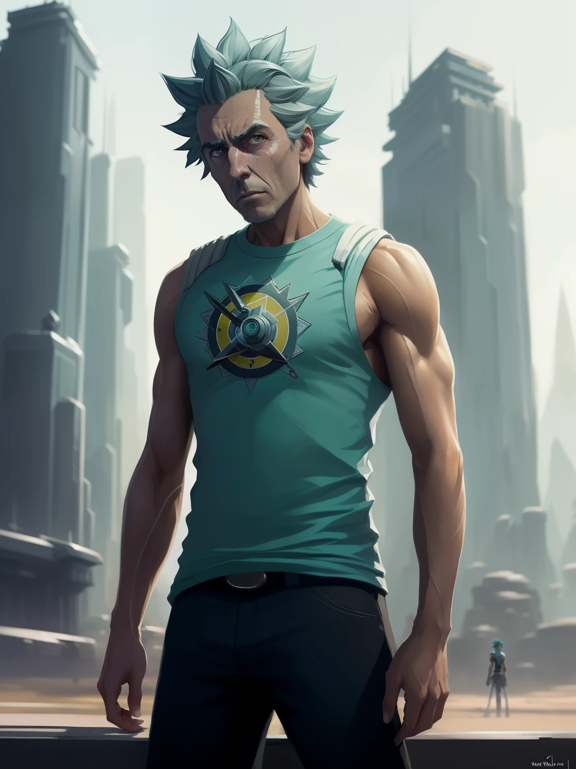 (Rick Sanchez), (estilo cartoon), Rick e Morty Universo, humano (Vestindo um casaco branco de um cientista e camiseta com uma imagem dele e Morty ), (((muscular))) Atey Ghailan, por Jeremy Mann, Greg Manchess, Antonio Moro, trends on artstation, trends at CGSociety, Intricado, alto detalhe, sharp focus, dramatic, arte de pintura fotorrealista de Midjourney e Greg Rutkowski, bokeh no fundo