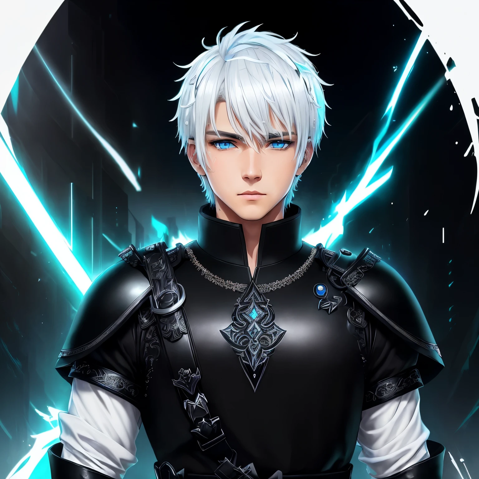 Male cyberpunk, fantasy world, dark background, clean design, epic instagram, artstation, colorful ink splashes, silhouette, hyper detailed intricate details, unreal engine, fantasy, intricate details, home screen, complementary colors, fantasy concept art, 8k resolution, deviantart masterpiece, oil painting, heavy strokes, ink drips, (isolated on white background: 1.3), rainbow skin, (((cute young man))), ((teen: 1.5) ), (bright blue eyes), (((clear eyes)), ((((short white hair: 1.1)))), ((black clothes)), (prince\\(indifferent expression\\),, (((Wears luxurious black tunic with high details)))), white hair, ice magic, ((chest), story in 3d anime format, 4k, realism --v 6
