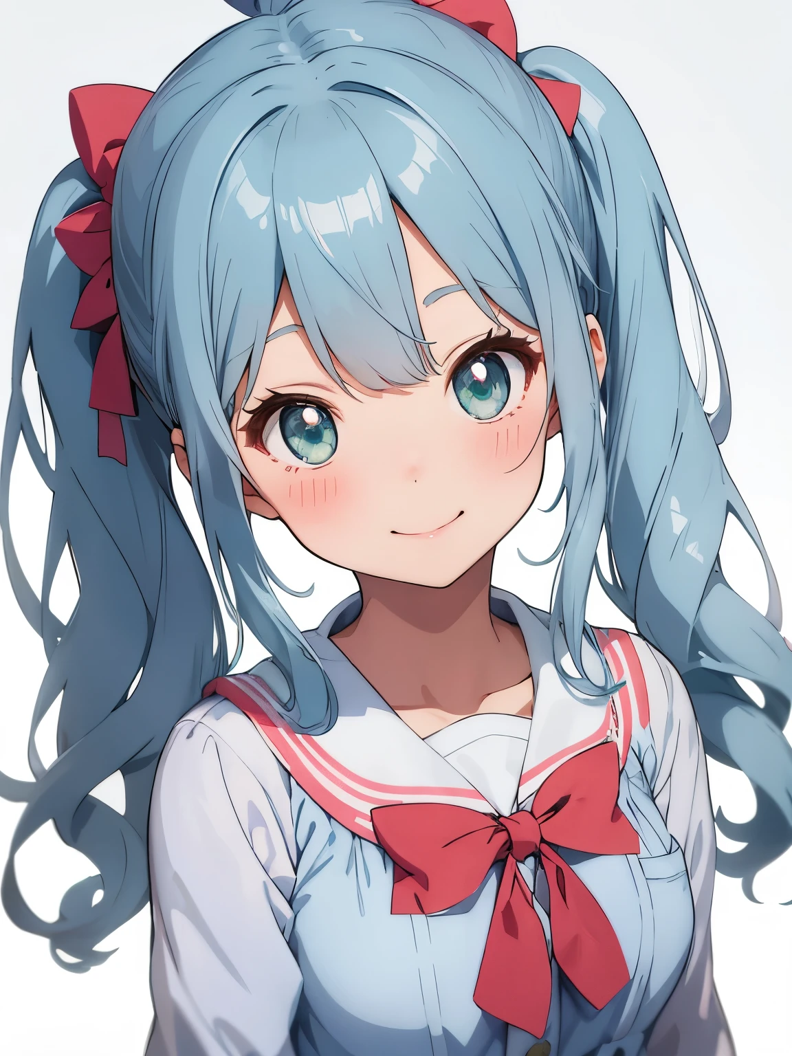 Soft and gentle pattern。anime illustration。Her hair is light blue and has curls.、side ponytail、Big striped ribbon hair clip at the knot。The hair in the ponytail is permed and fluffy.。Girl with green eyes。her face is cute、Confident smile。Appearance of about 12 years old。hands on both cheeks。long sleeve student uniform。
