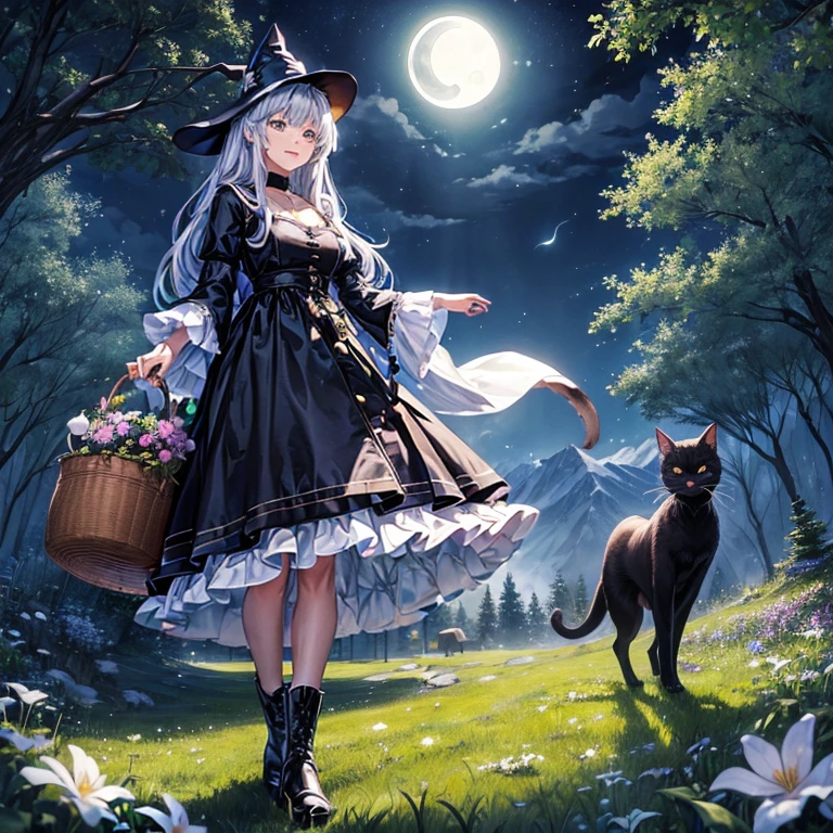 (color々A witch around 25 years old is standing there holding a large basket of medicinal herbs.) and (There is one cat with black fur.) 、Beige dress、黒colorのマント、黒colorの三角帽子、 dark brown long boots、 green eyes、 A sloppy smile 、Bluestone Pendant、(Moonlight night:1.4)、 starry ski、 (mountain forest grassland) 、colorとりどりの花々