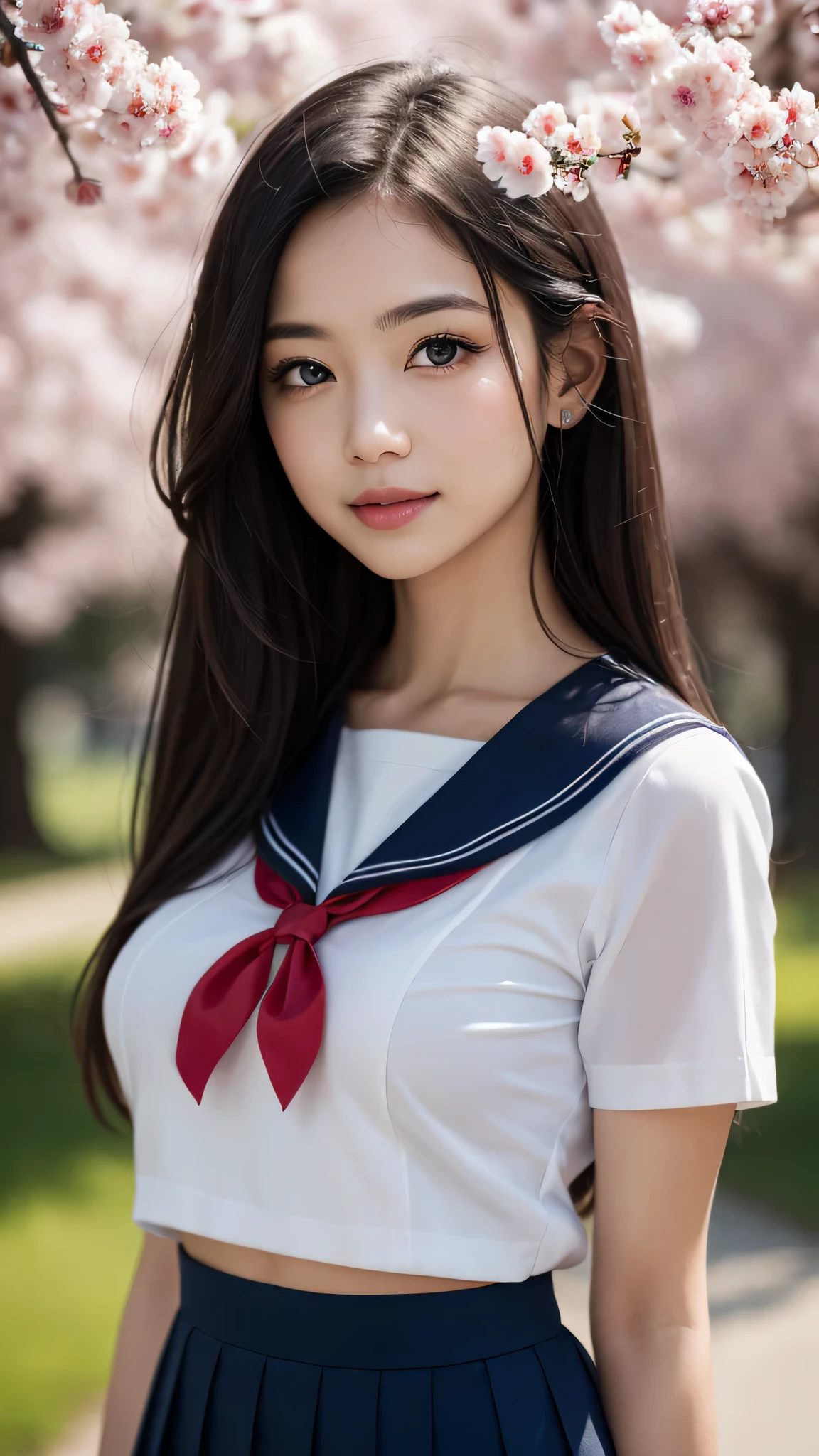 1 girl, (highly detailed eyes, highly detailed face), Search Smile, (sailor suit, pleated mini skirt), chest, (highest quality:1.4), RAW photo, (surreal), (realistic:1.4), professional photography, cinematic light, Cherry tree, spring, sunny, Depth of bounds written,