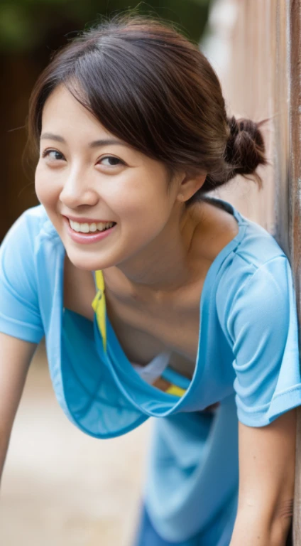 ((史上類を見ないmasterpiece、highest quality、woman, 58 years old、(wrinkled face:1.1)、(wrinkled body:1.3)、grin and laugh、japanese mature、((sloppy body:1.1))、erotic lingerie、down blouse、(leaning forward:1.3)、(oversize tshirt、Loose-fitting T-shirt、Low Cut T-Shirt:1.2)、(highest quality、8K、32K、masterpiece)、(Detailed bra)、Japanese、squat、bright smile、outside the house、upper body close-up、shot from above、In the job