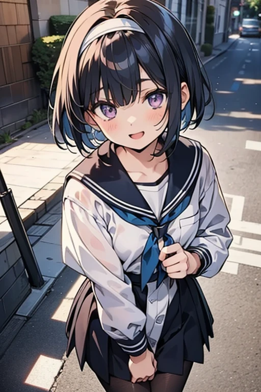 (Highly detailed CG unity 8k), （highest quality），（very detailed），（ultra high resolution）, black hair, High school girl in sailor suit, （navy blue sailor suit）, Anime 2D rendering, realistic young anime high school girl, Smooth anime 2D CG art, （headband）, smile, purple eyes, small breasts, tall, Straight hair, short bob cut, slanted eyes, （school scenery）, black stockings, bright color, High-definition, open your mouth a little, Clear outline,