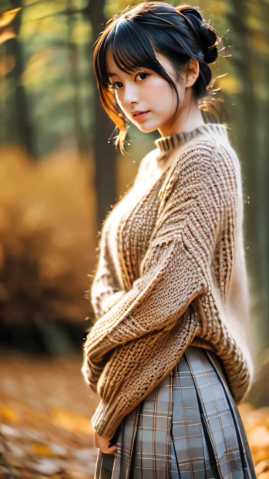 (realistic, photo-realistic:1.4), (extremely detailed 8k wallpaper), sharp focus, depth of field, blur background, detailed beautiful eyes and skin, (Image from thighs to head), Canon R5 50mm, ((Japanese idol:1.2)), Rustic knit sweater with high-waisted skirt, Cozy autumn vibes, Warm cabin interior, Forest clearing with falling leaves,