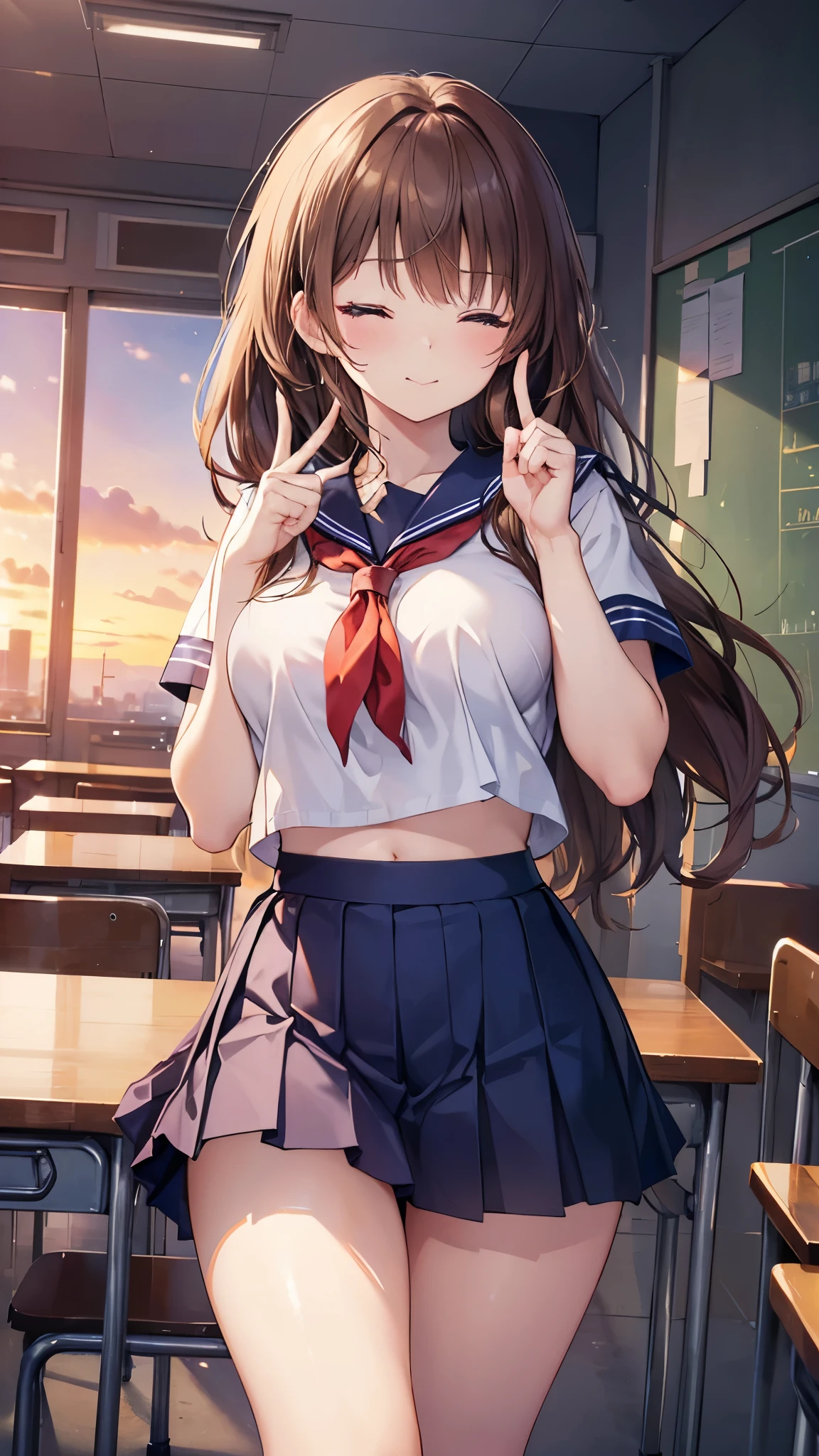 (highest quality、In 8K、32K、masterpiece、nffsw、Super high resolution、Impressionism、Photoreal:1.2)、big breasts、cowboy shot, detailed face and eyes、 inside the classroom、School、sunset、beautiful face、blurred background、16 year old beautiful girl、shiny skin、half up hair、beautiful brown hair、dull bangs、brown eyes、(one eye closed、put your index finger to your mouth:1.2)、sailor suit、pleated mini skirt、curve、(Skirt up、I can see your pants:1.2)、thighs thighs thighs、(Navel exposed:0.4)、dynamic pose
