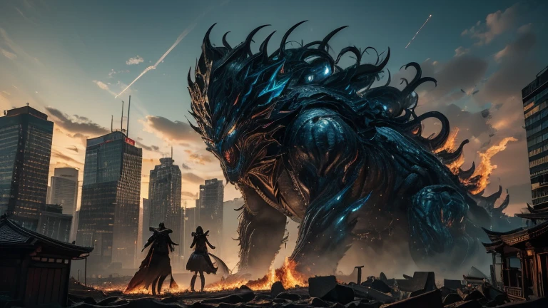 On one side the girl trying to reach her boyfriend, On the other side of the portal the boy fighting monsters to get to her