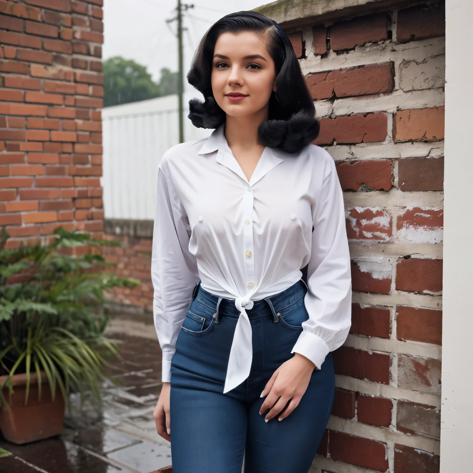 
A woman with a 1940s hairstyle stands in the rain against a brick wall. She wears a loose shirt tied at the waist with high-waisted jeans. There are other people in the background, all wearing vintage clothing. The scene is black and white, and the woman looks directly at the camera.
