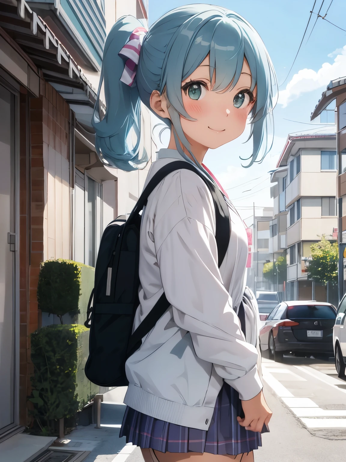 Soft and gentle pattern。anime illustration。Her hair is light blue and has curls.、side ponytail、Big striped ribbon hair clip at the knot。The hair in the ponytail is permed and fluffy.。Girl with green eyes。her face is cute、Confident smile。Appearance of about 12 years old。hands on both cheeks。long sleeve student uniform。backpack type student bag。Roads in residential areas。