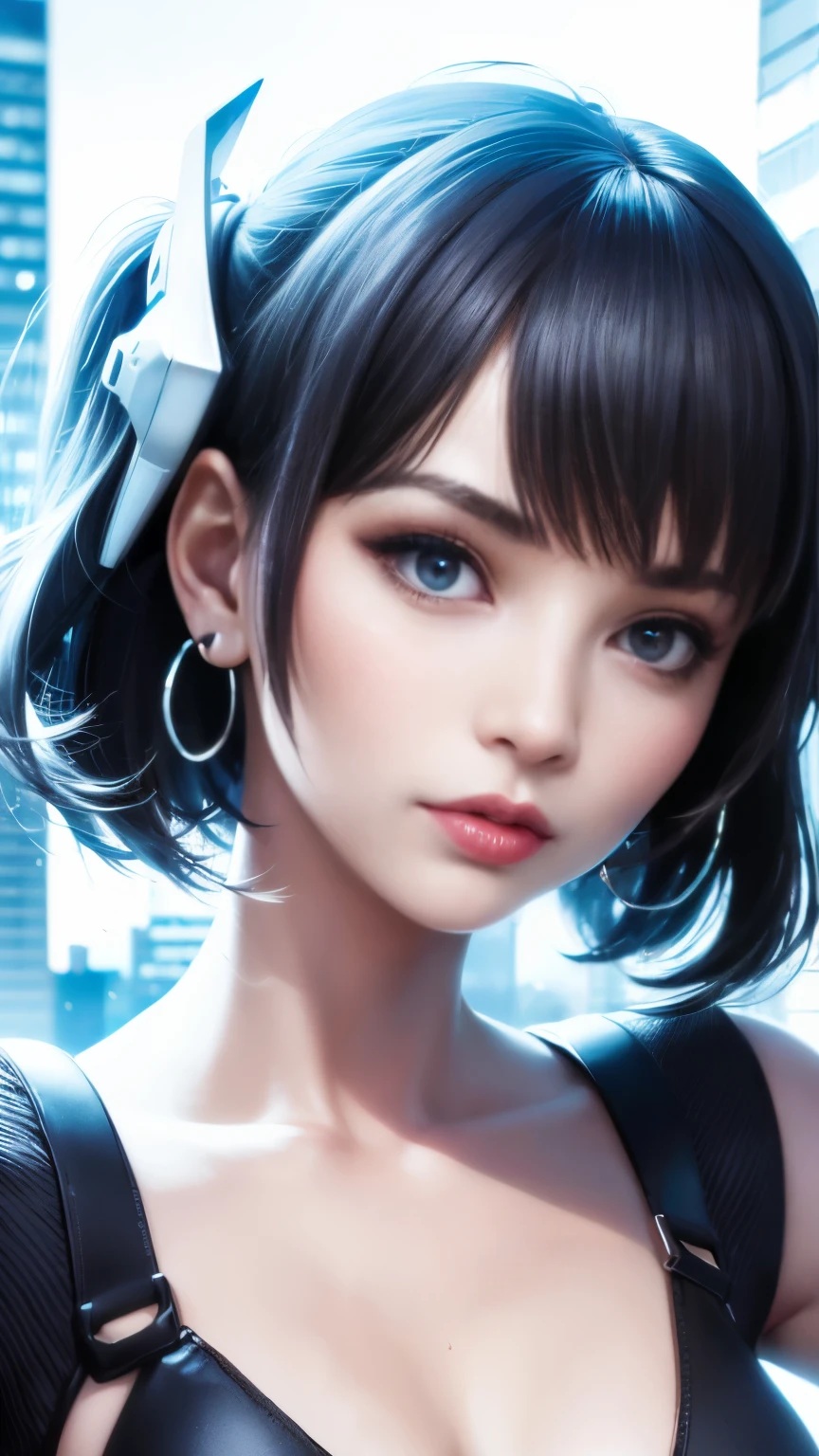 national foundation,(nipple peek:1.2),(best quality:1.0), (ultra high resolution:1.0), 1 girl, Delicate and beautiful skin, (gentle smile:1.0), alone, (masterpiece:1.0), (best quality:1.4), (ultra high resolution:1.2), (actual:1.4), 8K resolution, Canon EOS R5, 50mm, Disorganized, super detailed, sharp focus, Cinema lighting, Detailed beautiful face, shape, Delicate skin texture, White skin, thigh gap, fine hair, Random hairstyle, perfect eyes, beautiful eyes, (Glowing skin 1.15), ((portrait photo)), hair accessories, earrings, futuristic, complex background, Cyberpunk cityscape, night, cyborg, part, futuristic weapons and accessories, ray illumination, backlight, close-up photo, blue tone background