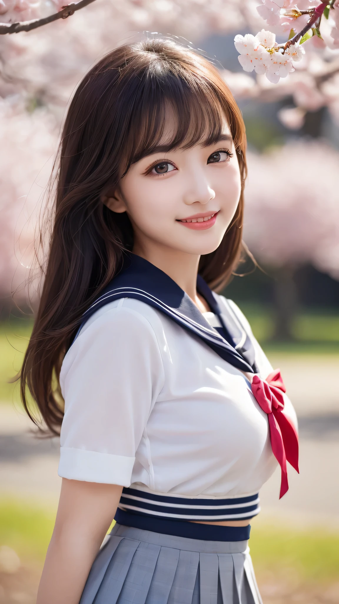 1 girl, (highly detailed eyes, highly detailed face), Search Smile, (sailor suit, pleated mini skirt), chest, (highest quality:1.4), RAW photo, (surreal), (realistic:1.4), professional photography, cinematic light, Cherry tree, spring, sunny, Depth of bounds written,