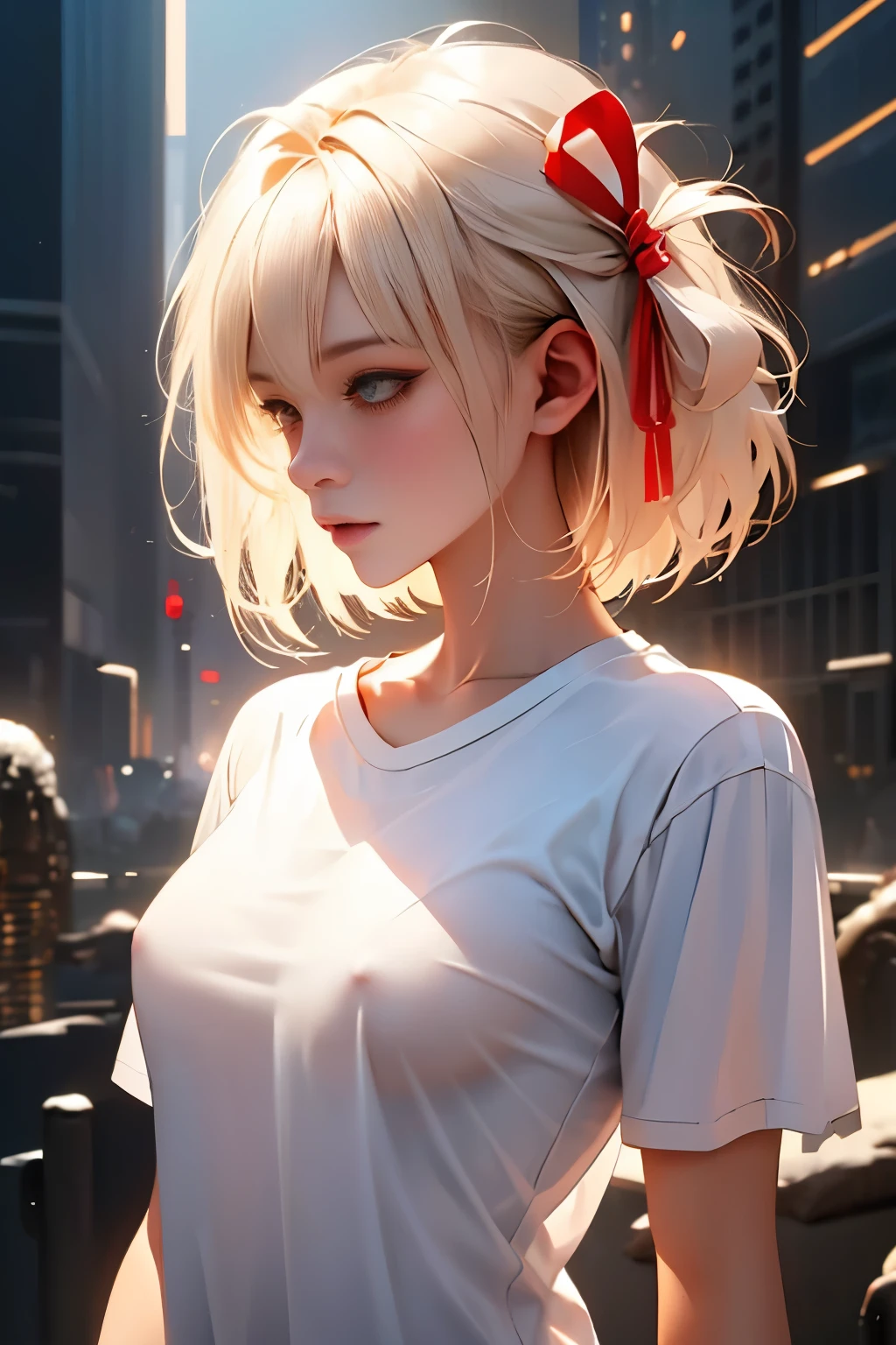 optimal,master piece,High resolution,best quality,hyper hd,super detail,award-winning,16K,solo,(Upper body),correct anatomy,Beautiful Cyberpunk Girl,cowboy shot、cute face,,blonde、bob cut、Red ribbon hair ornament、hair line,((scarlet eyes)),long eyelashes,dangling corner of the eye,white skin,((Shoot head-on)), ((white t-shirt:1.5)), ((Clocktop、)), ((transparent nipples))、rocket , (Because I'm slender),