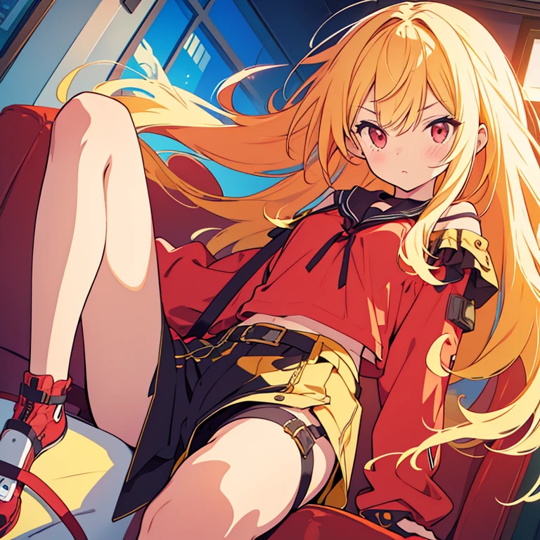 anime girl with blonde, messy hair, with red eyes like Rubis, and pink and yellow gang clothes, with an arrogant expression.