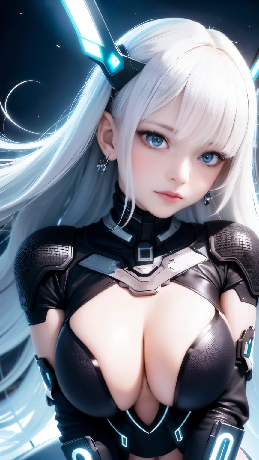 national foundation,(nipple peek:1.2),(best quality:1.0), (ultra high resolution:1.0), 1 girl, Delicate and beautiful skin, (gentle smile:1.0), alone, (masterpiece:1.0), (best quality:1.4), (ultra high resolution:1.2), (actual:1.4), 8K resolution, Canon EOS R5, 50mm, Disorganized, super detailed, sharp focus, Cinema lighting, Detailed beautiful face, shape, Delicate skin texture, White skin, thigh gap, fine hair, Random hairstyle, perfect eyes, beautiful eyes, (Glowing skin 1.15), ((portrait photo)), hair accessories, earrings, futuristic, complex background, Cyberpunk cityscape, night, cyborg, part, futuristic weapons and accessories, ray illumination, backlight, close-up photo, blue tone background