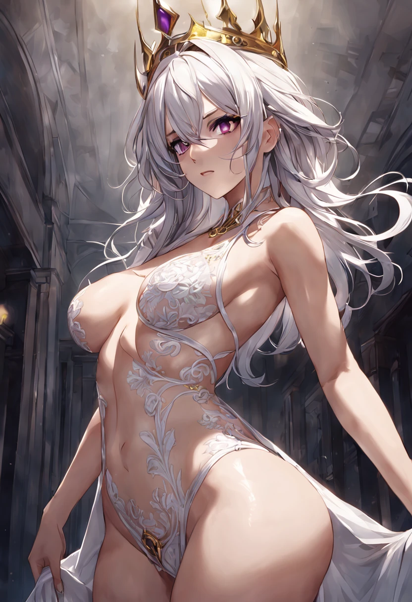 masterpiece), (best quality), (ultra detailed),(disheveled hair),(illustration), (1girl), white hair, purple eyes, wearing sexy white lingerie, firm tits, firm ass, perfect body curves, wearing a small crown, looking at viewer, standing, (perfect shadow), (perfect lightning), (classy face), (goddess face), masterpiece goddess of sorrow, edelgard fire emblem, white haired, white haired lady, gapmoe yandere grimdark, white-haired