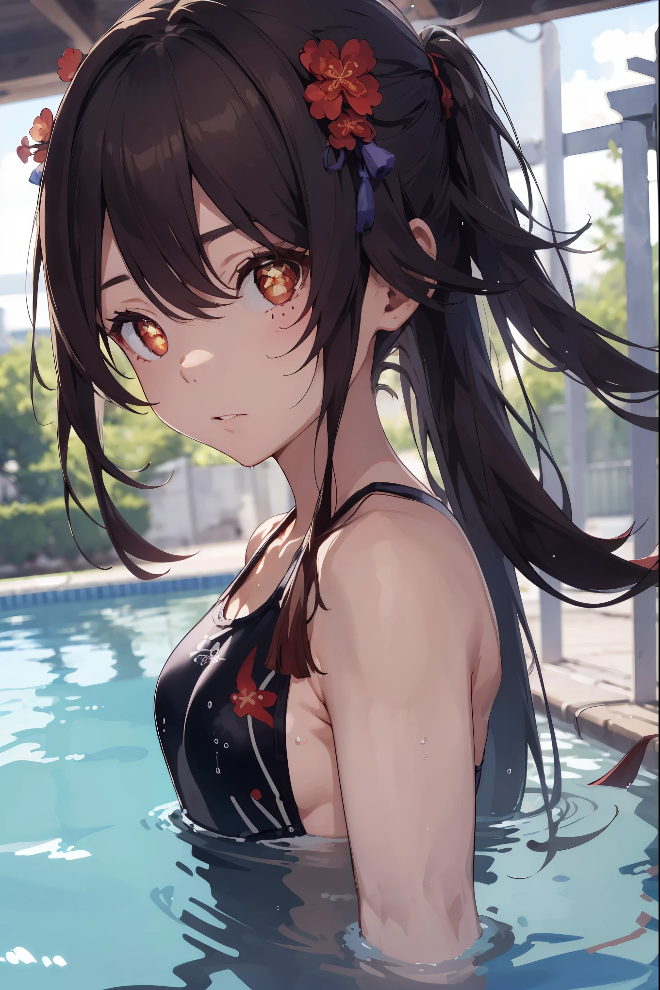 beautiful, masterpiece, highest quality, hiqcgbody, anime, 1 girl, medium breasts, olympic swimmer, transparent and Clear black swimsuit, portrait shot, looking at the viewer, partially submerged, outdoor pool, wet skin, intricate details,>,((covered,Highest image quality,muste piece,Genshin（walnut）,Camellia hair ornament