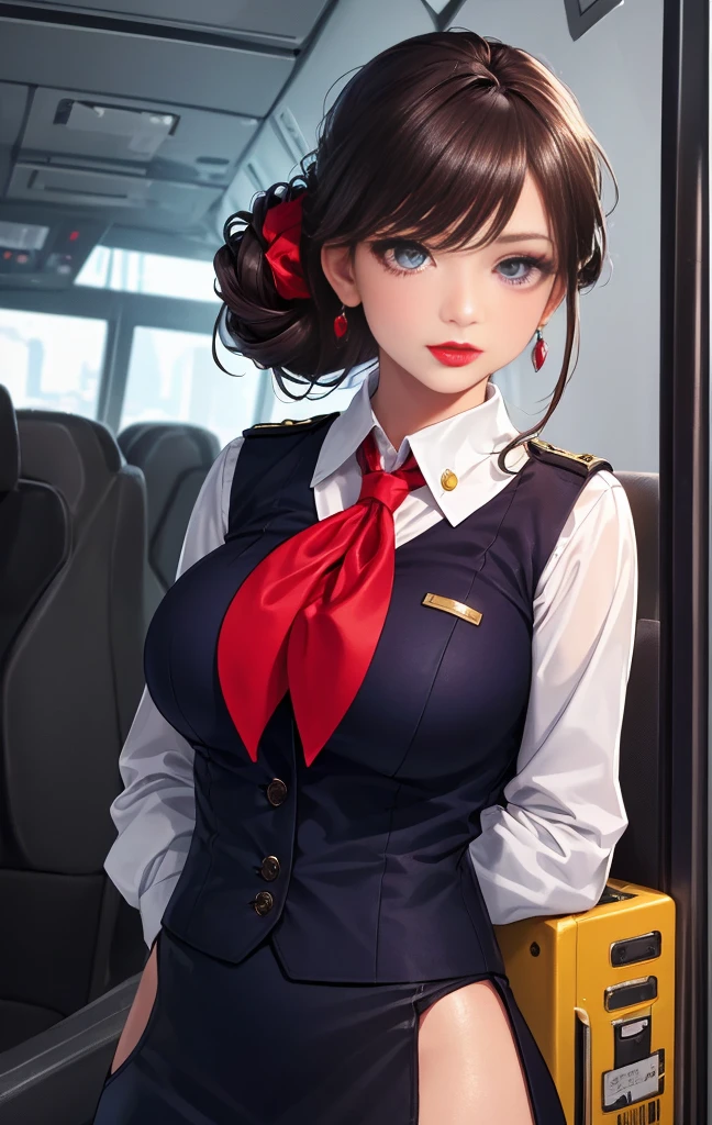 (((master piece,Best Quality,highest quality,Ultra-detailed,ultra high resolution,extremely detailed CG unity 8k wallpaper,Illustration,Detailed skin,Shiny skin,Realistic,Beautiful detailed eyes,luscious eyes,striking eyes,Perfect Anatomy, gleaming skin))),oily skin,1girl in,Solo, cabin attendant uniform,flight attendant uniform,light blue blouse,dark blue slit tight skirt,red neckerchief,earrings,high heels,stockings,middle hair,half updo,dark brown hair,red lips,(((upper body))),(((half updo,red lips))),large breast,