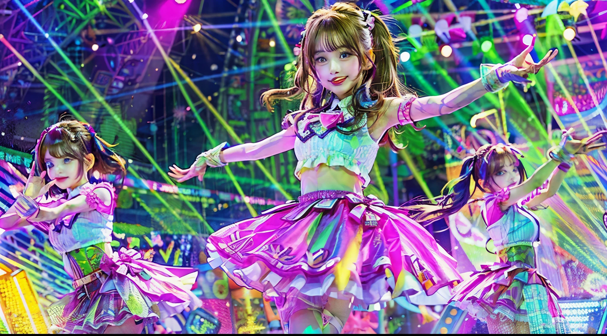 Girl in a short skirt dancing on stage under bright lights, Idol Master, Hololive, high detailed official artwork, official artwork, marin kitagawa fanart, style, cute girl visual, official art, splash art, sayori, Happy!!!, !!beautiful!!, Nightcore,smile,photograph,8K,highest quality,best details,brown hair,Masterpiece, Best Quality, 1girls, profile, ponytail, updo hair, nape of neck, pink lips, slightly upturned nose, long eyelashes, realistic skin texture, attractive face, blurred, white background