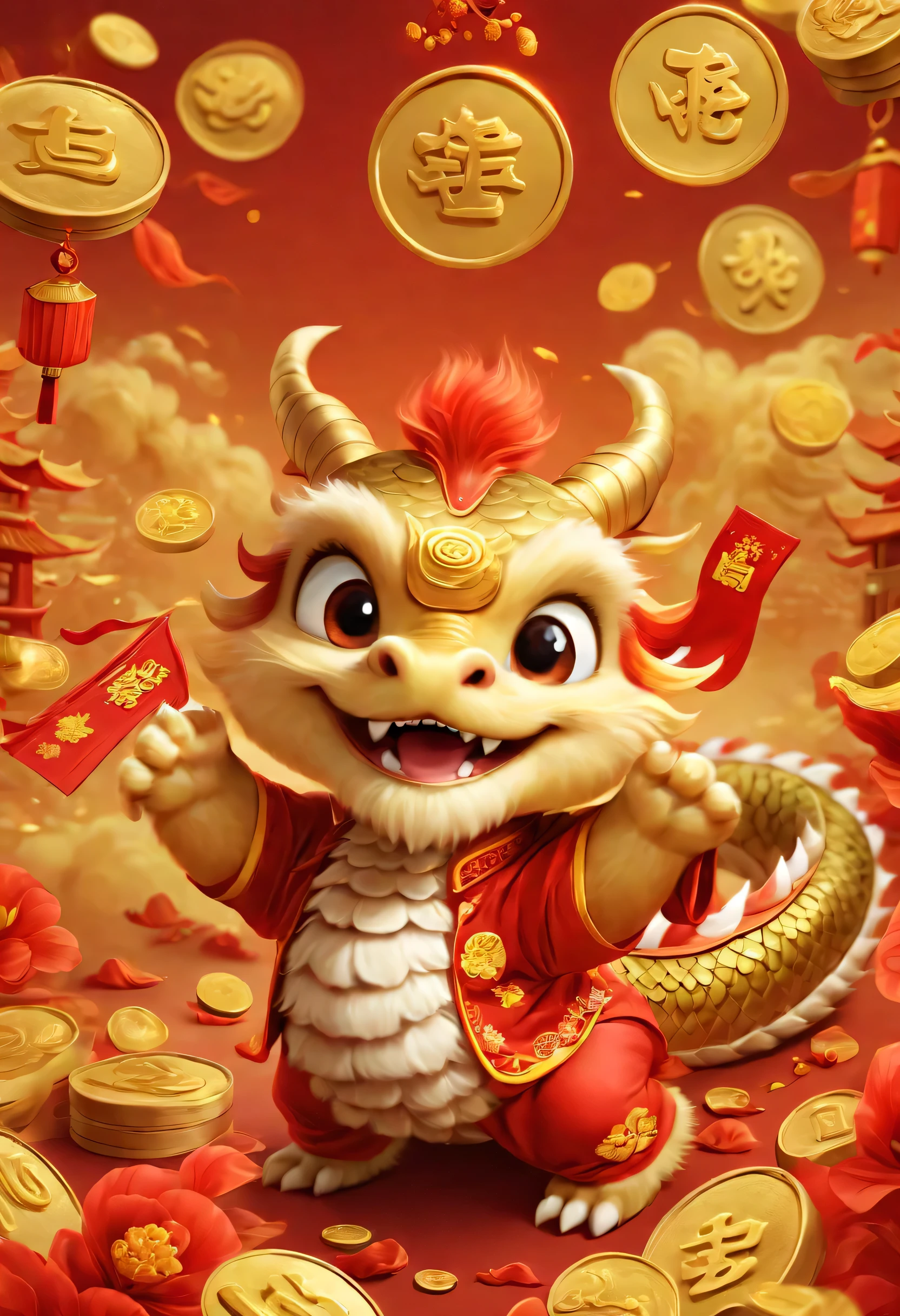 illustration style art。poster design：Chinese New Year is here，Cute little Chinese dragon so happy，Big head，Grab red envelopes，hairy，small clothes，long tail。Wow...There are many gold coins in the air。Chinese element background blur，
