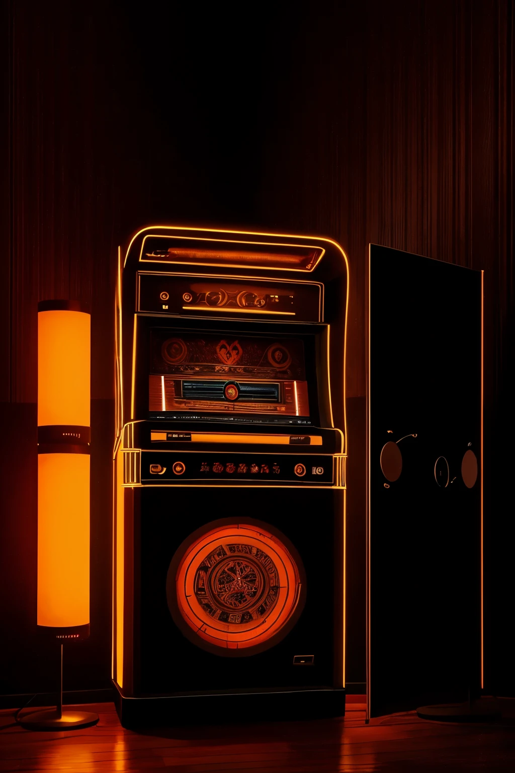 A Dutch shot of a jukebox emanating musical notes and records, with compositions of lights and hearts, immersed in the allure of pin-up art. The shooting inclination is set at 75 degrees, capturing every intricate detail in 8K resolution. Complementary colors add an electrifying ambiance, as this fancy artwork comes alive through digital painting. Contrast edge lighting brings out the texture and depth, while the painted background complements the aerografiado style. Presenting an incredibly detailed composition in ultra HD 32k, this captivating jukebox scene leaves no room for the mundane.