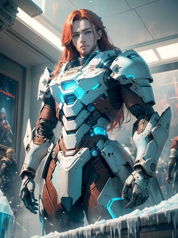 Photorealistic image ((Masterpiece)), ((high quality)) UHD 8K, of a beautiful, slim and realistic mecha transforming Robot, (medium chest), (skinny waist), (long red hair), (blue eyes), ((Hyper-realistic mecha armor, with red metal and intricate ice blue lights)), (in combat position, in a futuristic ship, science fiction