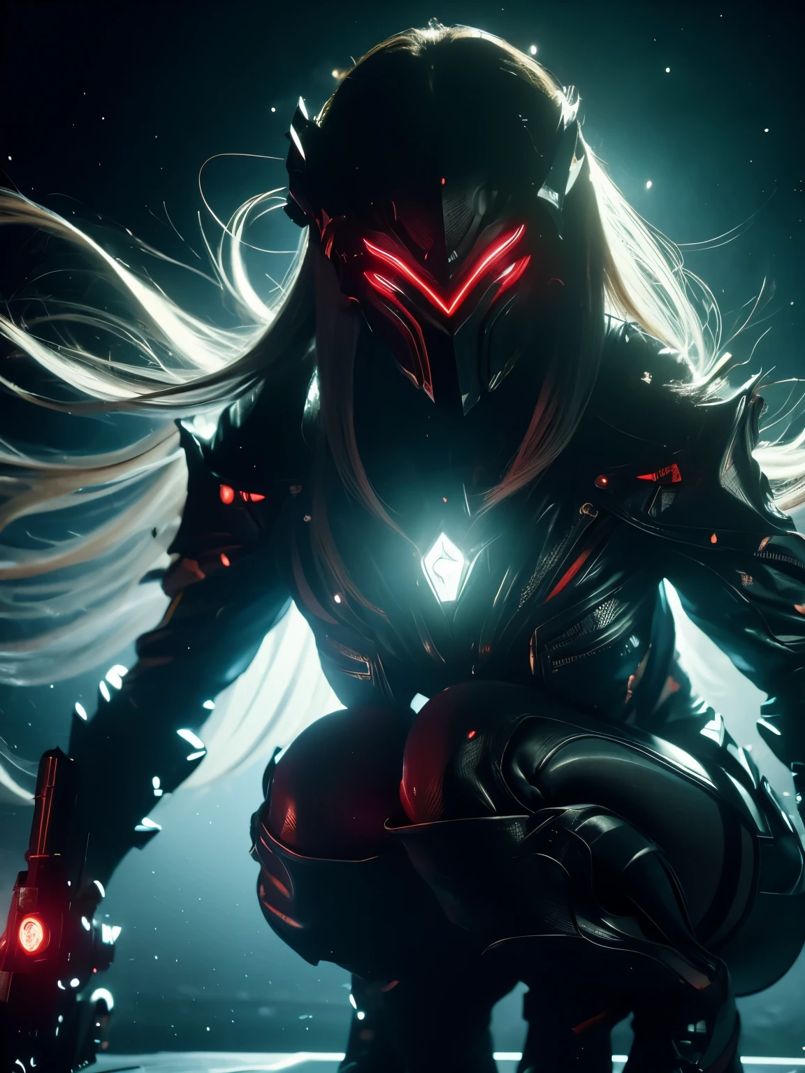 (grainy:0.5), Normal,girl, space, Serious, delicate eyes, Detailed face, Detailed futuristic clothing, lights on clothing, (Aiming guns:1.1), (hides:1.1), (Squatting, looking aside:1.1), Volumetric lighting, isolation, fear, Dark lighting, Red bioluminescent details, Green bioluminescent details, Blue bioluminescent details