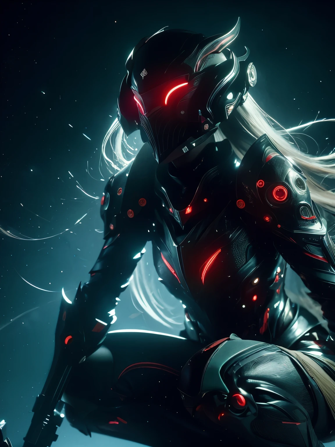 (grainy:0.5), Normal,girl, space, Serious, delicate eyes, Detailed face, Detailed futuristic clothing, lights on clothing, (Aiming guns:1.1), (hides:1.1), (Squatting, looking aside:1.1), Volumetric lighting, isolation, fear, Dark lighting, Red bioluminescent details, Green bioluminescent details, Blue bioluminescent details