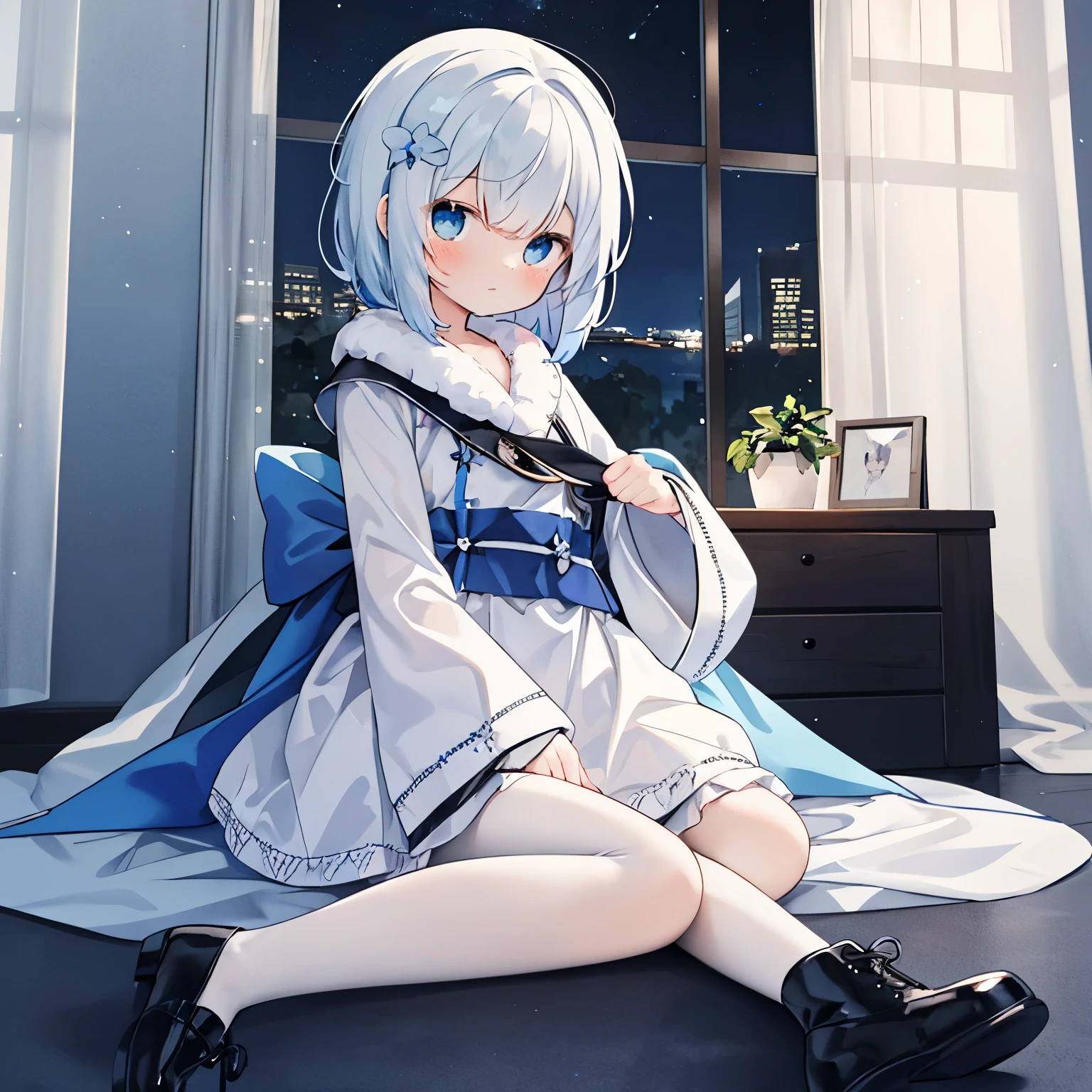 One girl, white hair, medium hair, blue eyes, gentle face, white dress, translucent sleeves, sitting by the window, the curtains are fluffy, she is in a dark room, there is a beautiful night view outside spreading, emotional, beautiful effect, beautiful blue hair ornament, light shining on the right side of the girl's body, black shoes