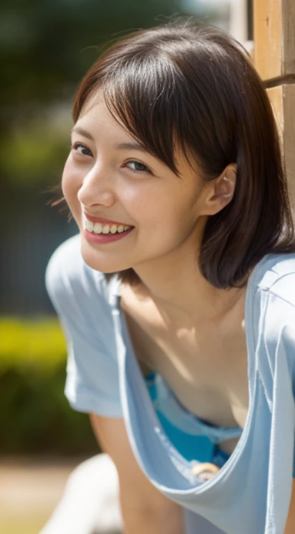 ((史上類を見ないmasterpiece、highest quality、woman, 58 years old、(wrinkled face:1.1)、(wrinkled body:1.3)、grin and laugh、japanese mature、((sloppy body:1.1))、erotic lingerie、down blouse、(leaning forward:1.3)、(oversize tshirt、Loose-fitting T-shirt、Low Cut T-Shirt:1.2)、(highest quality、8K、32K、masterpiece)、(Detailed bra)、Japanese、squat、bright smile、outside the house、shiny skin、blurred background、upper body close-up、shot from above、patting the head
