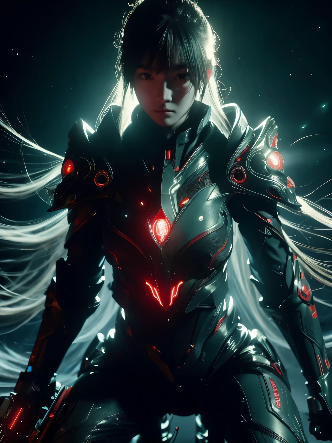 (grainy:0.5), Normal,girl, space, Serious, delicate eyes, Detailed face, Detailed futuristic clothing, lights on clothing, (Aiming guns:1.1), (hides:1.1), (Squatting, looking aside:1.1), Volumetric lighting, isolation, fear, Dark lighting, Red bioluminescent details, Green bioluminescent details, Blue bioluminescent details